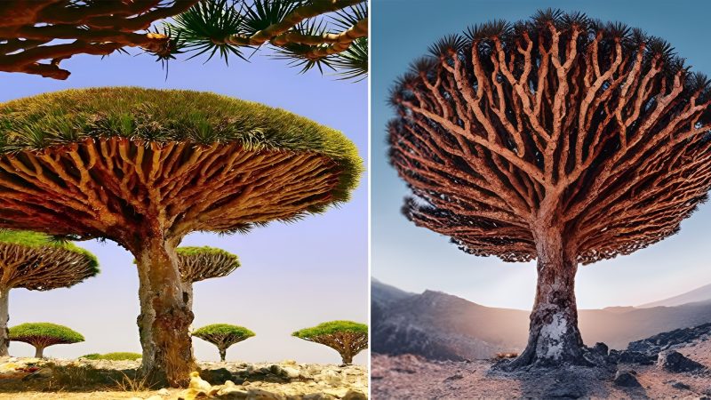 The “Dragon’s Blood Trees, their umbrella-shaped branches that gracefully extend outwards and upwards from their trunks, creating a distinct and awe-inspiring silhouette.