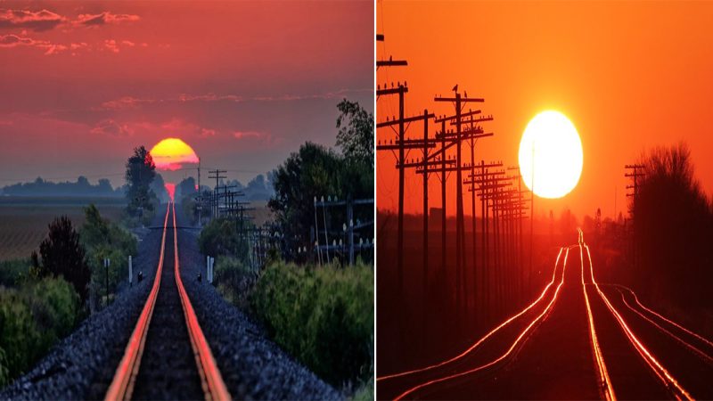 Capturing the Mesmerizing Reflection: The Annual Moment When the Sun Aligns with Railroad Tracks